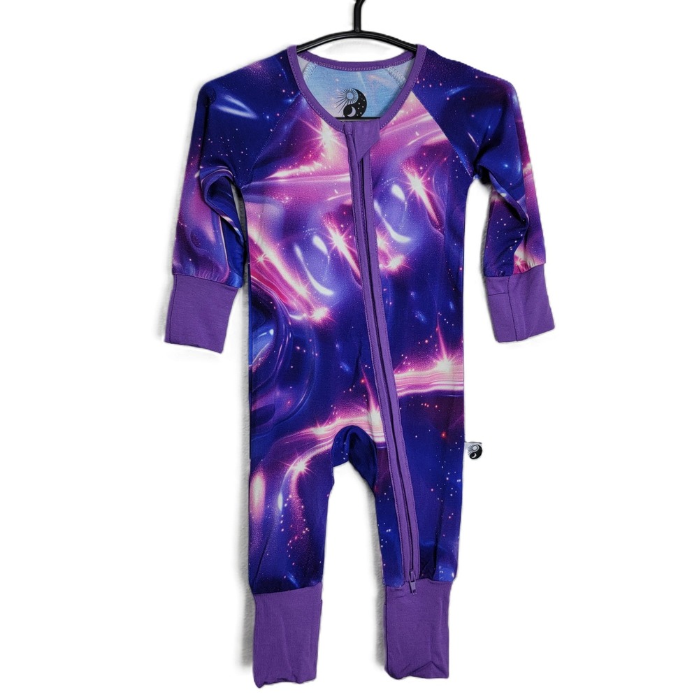 Day & Night Bamboo Galaxy Space Print Zip Romper 0-3M Purple Pajamas